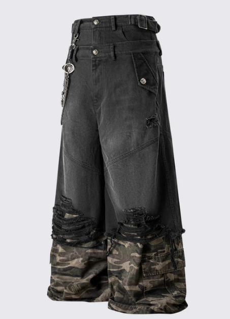 Double-Waist Camo Patchwork Distressed Wide-Leg Pants