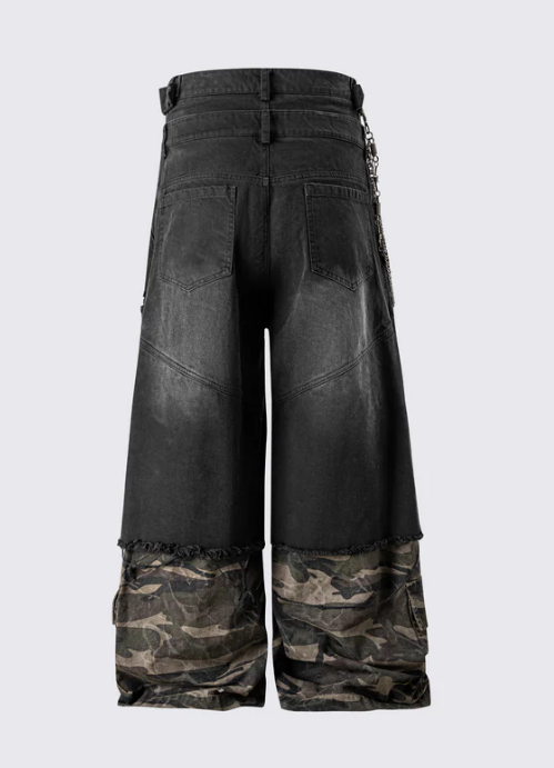 Double-Waist Camo Patchwork Distressed Wide-Leg Pants