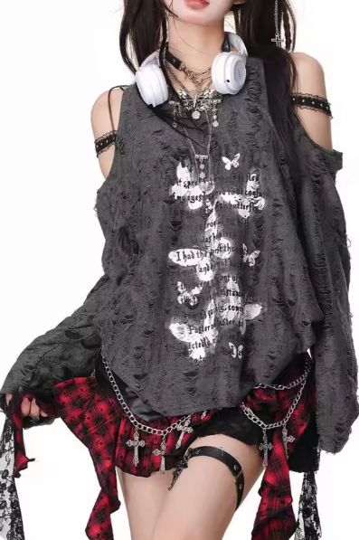 Y2k Gothic Grunge Dark Hollow Out T Shirt Women Harajuku