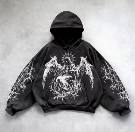 Harajuku Y2K Vintage Punk Solid Color Printed Men Casual Hoodie