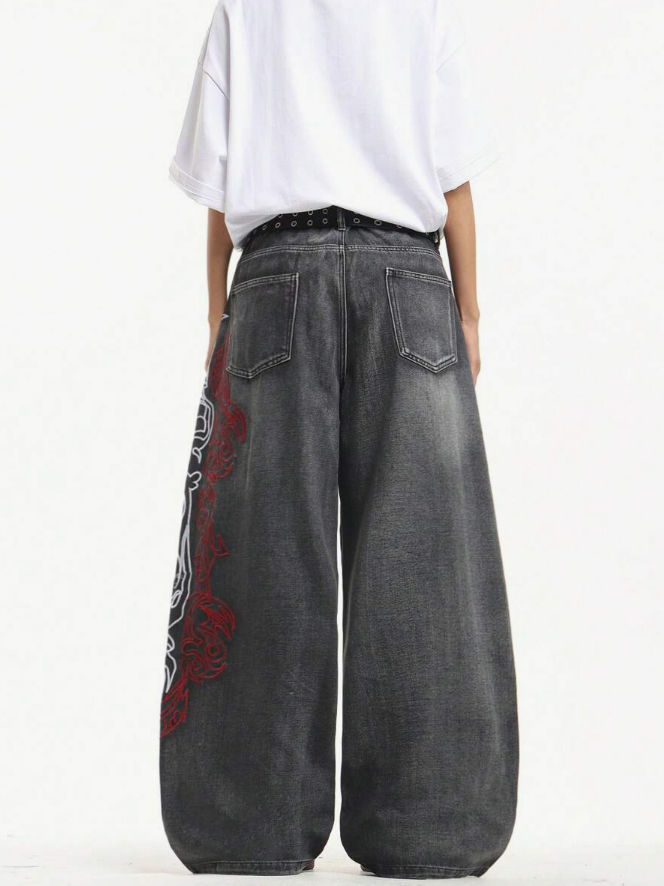 Hong Kong Style 3D Embroidery Floral Men's Washed Loose Wide Leg Jeans