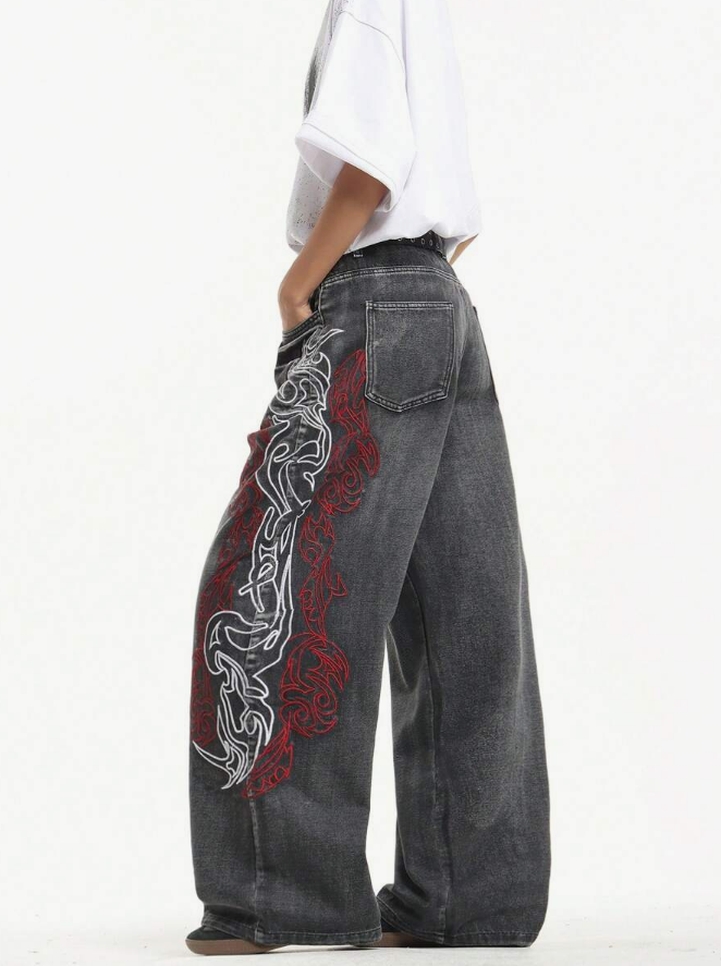 Hong Kong Style 3D Embroidery Floral Men's Washed Loose Wide Leg Jeans