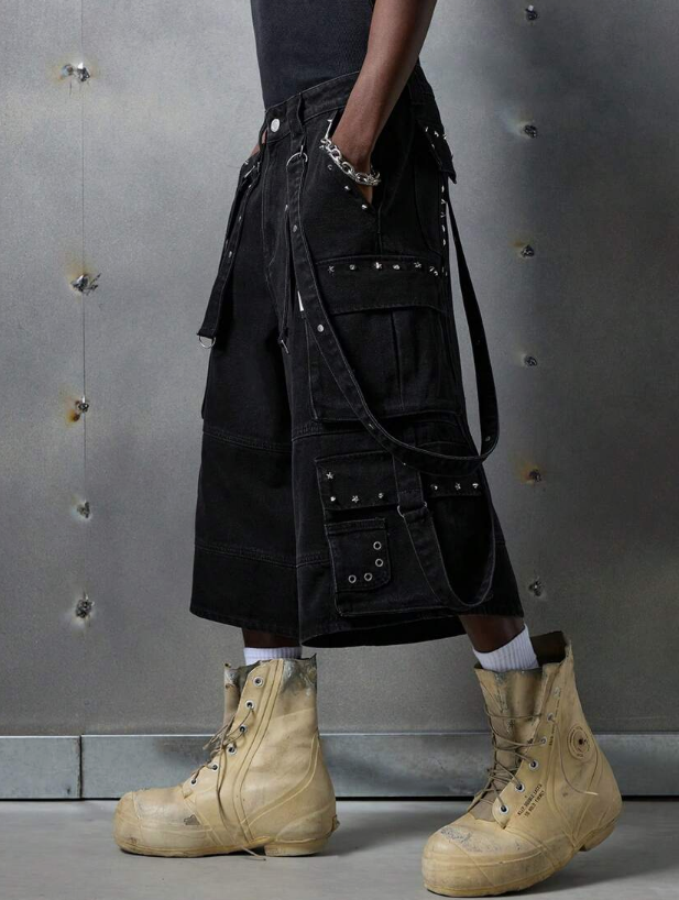 NEON BLANC Streetwear Black Denim Long & Wide Shorts