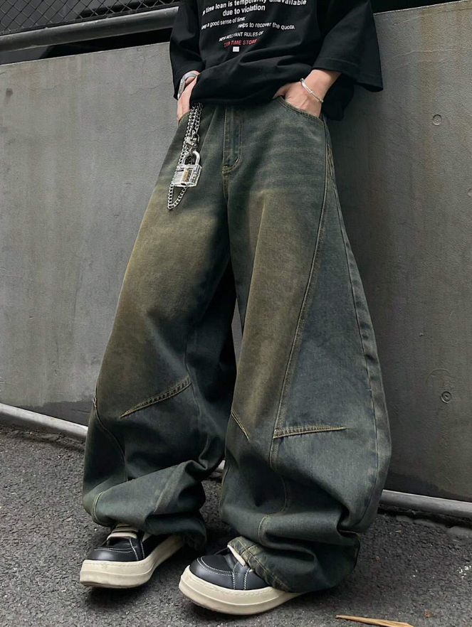 1pc Men's Vintage Washed Denim Jeans, Loose Fit Patchwork Design Straight Leg Casual Pants (Belt And Accessories Not Included