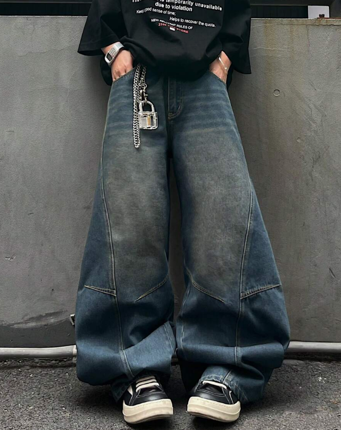 1pc Men's Vintage Washed Denim Jeans, Loose Fit Patchwork Design Straight Leg Casual Pants (Belt And Accessories Not Included