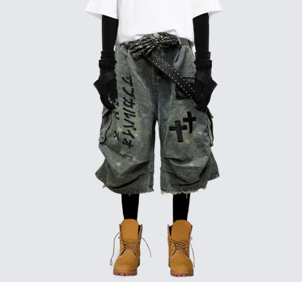 Gothic Washed Denim SHORTS with Chains