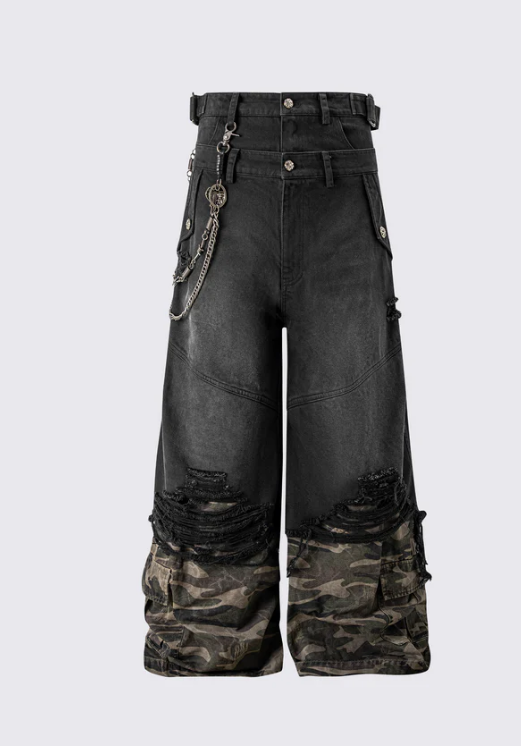 Double-Waist Camo Patchwork Distressed Wide-Leg Pants