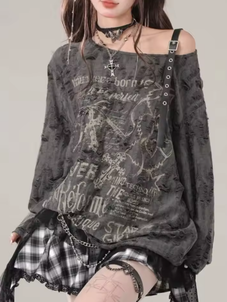 Y2k Gothic Grunge Dark Hollow Out T Shirt Women Harajuku