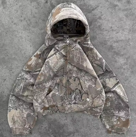 Y2K Retro zip up Hoodie Men Camouflage Pattern zipper