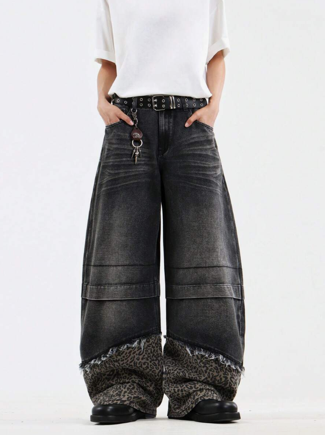 Streetwear Leopard Print Patchwork Loose Fit Jeans