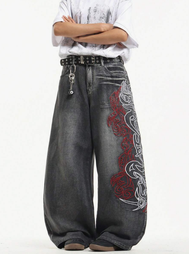 Hong Kong Style 3D Embroidery Floral Men's Washed Loose Wide Leg Jeans