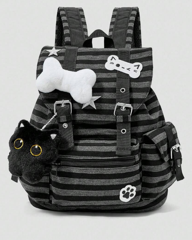 Grunge Punk Punk School Style Cat Paw, Bone, Star & Striped Color Backpack