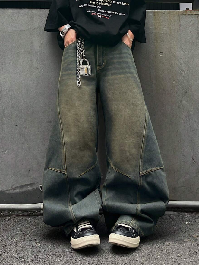 1pc Men's Vintage Washed Denim Jeans, Loose Fit Patchwork Design Straight Leg Casual Pants (Belt And Accessories Not Included
