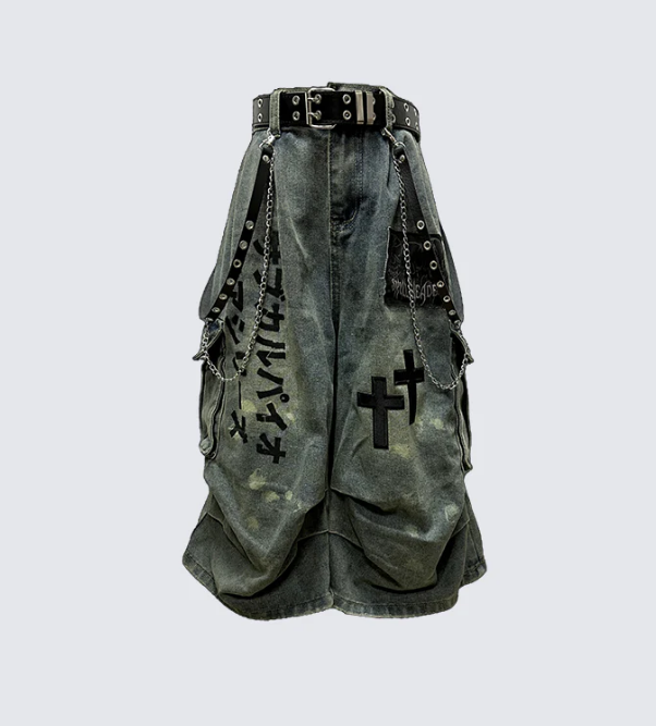 Gothic Washed Denim SHORTS with Chains