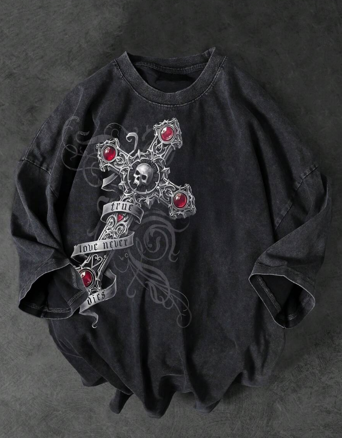 Casual Distressed Cross Print Short Sleeve T-Shirt, Graphic Tee Suitable For Daily Wear & Streetwear, Spring/Summer, Emo